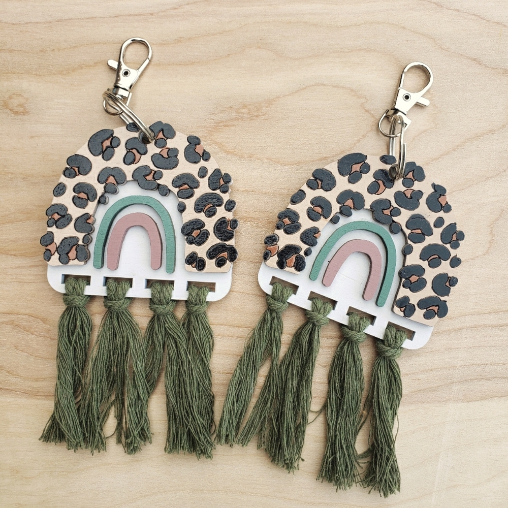 Wood Hand Painted Macrame Boho Rainbow bag tags/Keychains
